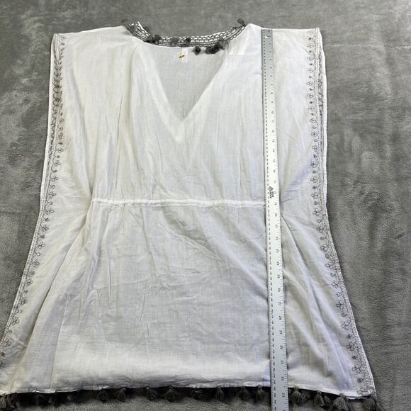 PilyQ PQ Swim Cover-Up Sz XS/S White Gray Tassel Trim Embroidered Boho Beachwear - Picture 7 of 8